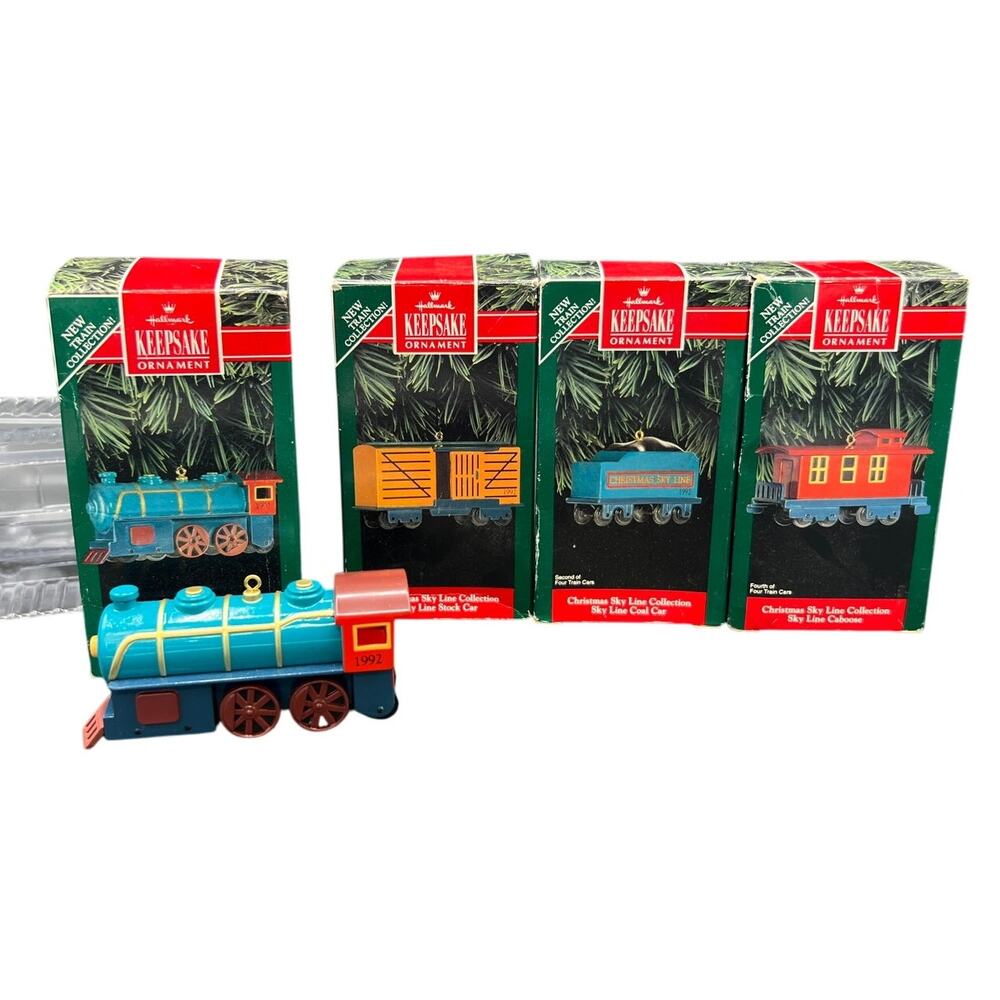 🎄Vintage Hallmark 1992 Christmas Sky Line Train Ornament Set of Four Cast Metal